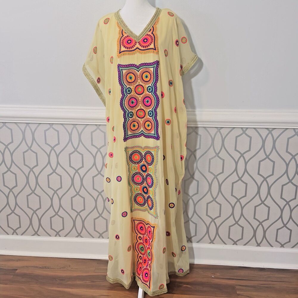 Moroccan Kaftan Women Robe Embroidered Panels Dress One Size V-Neck Fine Details